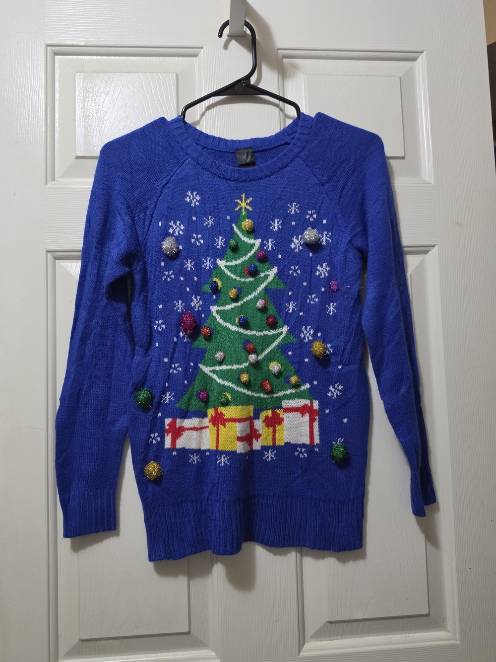 L.O.L. Vintage Royal Blue Holiday Christmas Tree Sweater with Pom-Pom Ornaments